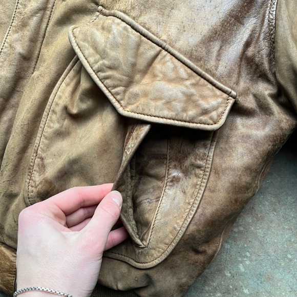 VTG Hunt Club Vintage Distressed Brown Leather Bomber Aviator Jacket Mens Large - Picture 7 of 13